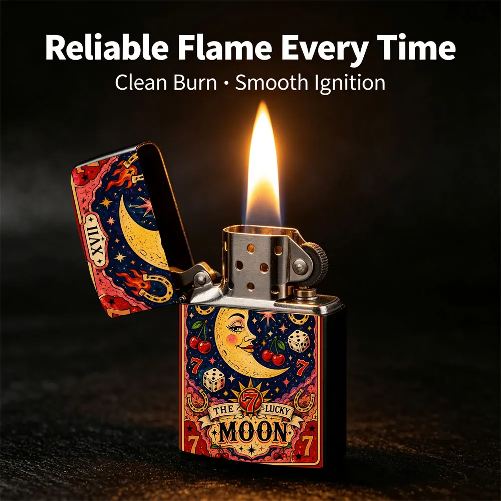 Pocket Lighter, Flip-Top Windproof Design, Crescent Moon & Dice Print, Metal Case, Comfortable Grip, Portable & Durable