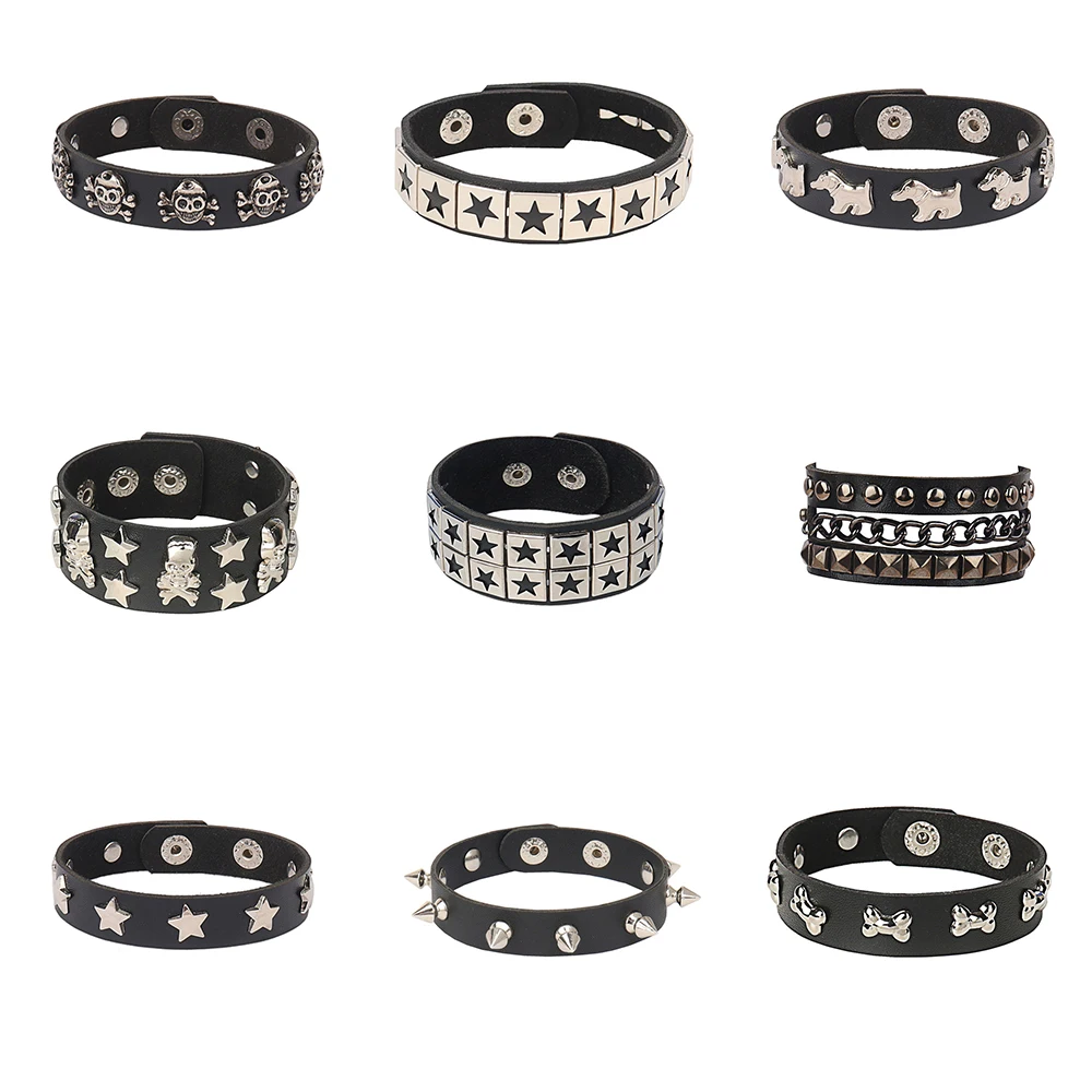 Punk Star Goth Bat Skeleton Wrap Bracelet Women Men Skull Harajuku Black PU Leather Chain Bracelet Bangles Halloween Jewelry