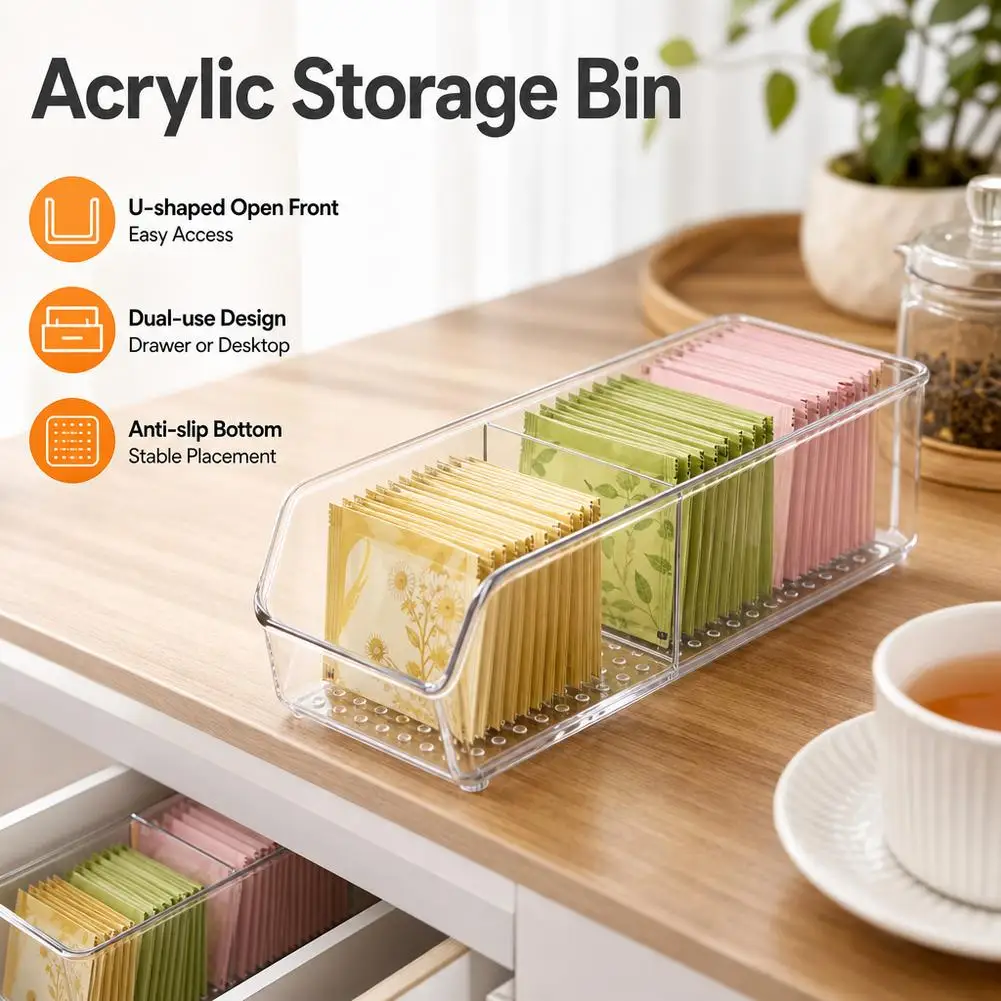 Plastic Tea Bag Organizer Clear 2 Divided Section Tea Bag Holder Large Capacity Multipurpose Tea Packet Drawer Kitchen Cabinet