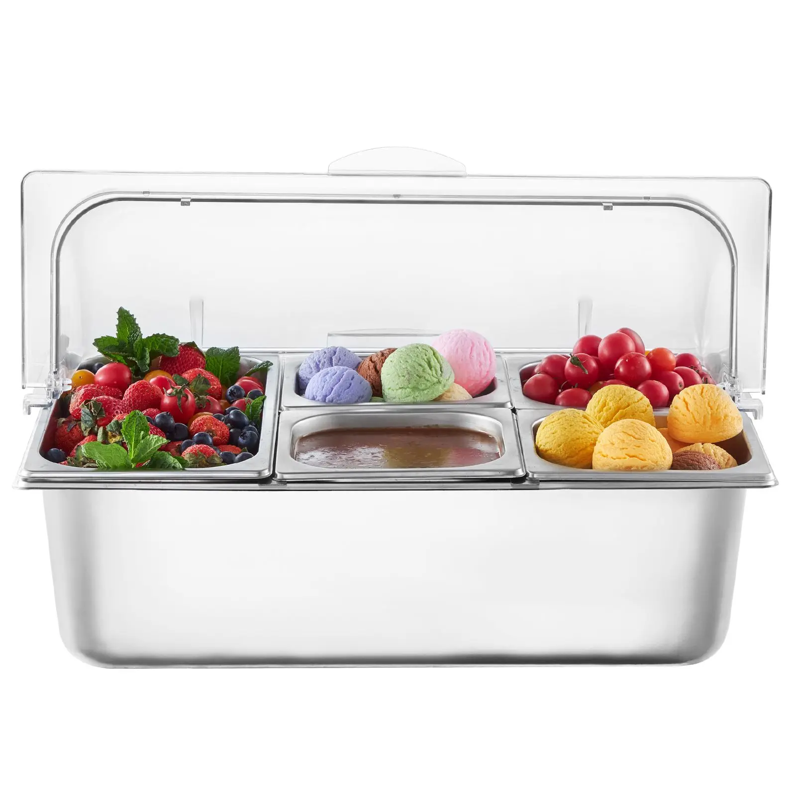 Countertop Food Serving Display Container, 5 Pan Stainless Steel Tray, Buffet Condiment Dispenser Rack with Clear Lid & 3