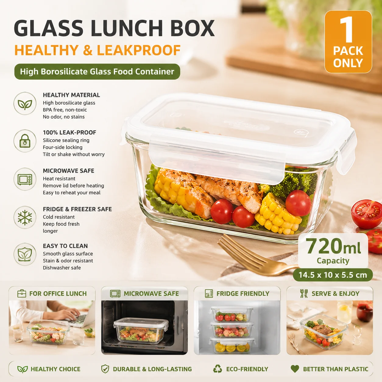 Meal Prep Glass - High Borosilicate Glass Lunch Box Leakproof