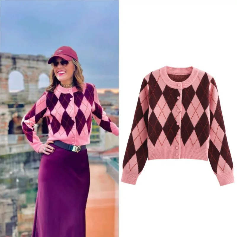 

Women's Diamond Patterned Jacquard Knitted Cardigan Casual Fashion Round Neck Long Sleeve Sweater Elegant Chic Female Short Top