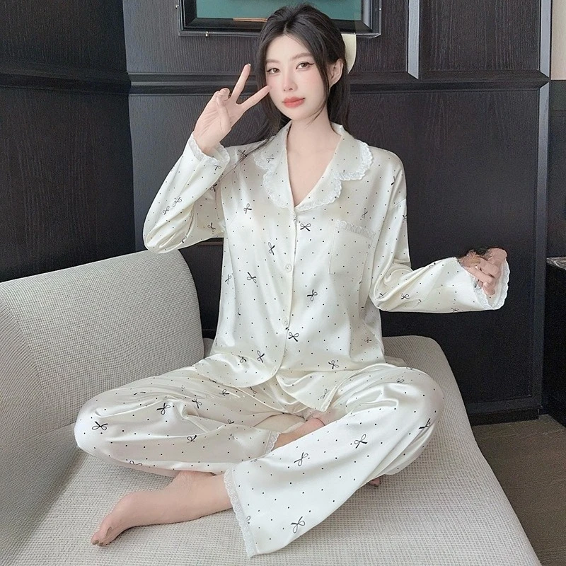 

Sweet Lace Ice Silk Pajamas Women's Spring and Autumn New Long-sleeved Polka Dot Bow Printed Comfortable Temperament Loungewear