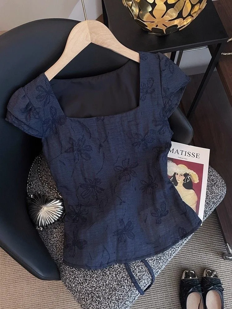 

New Chinese Style Embroidered Square Collar Short Sleeve Shirt Ladies Design Sensation Small Audience Top 2026 New Small Shirt