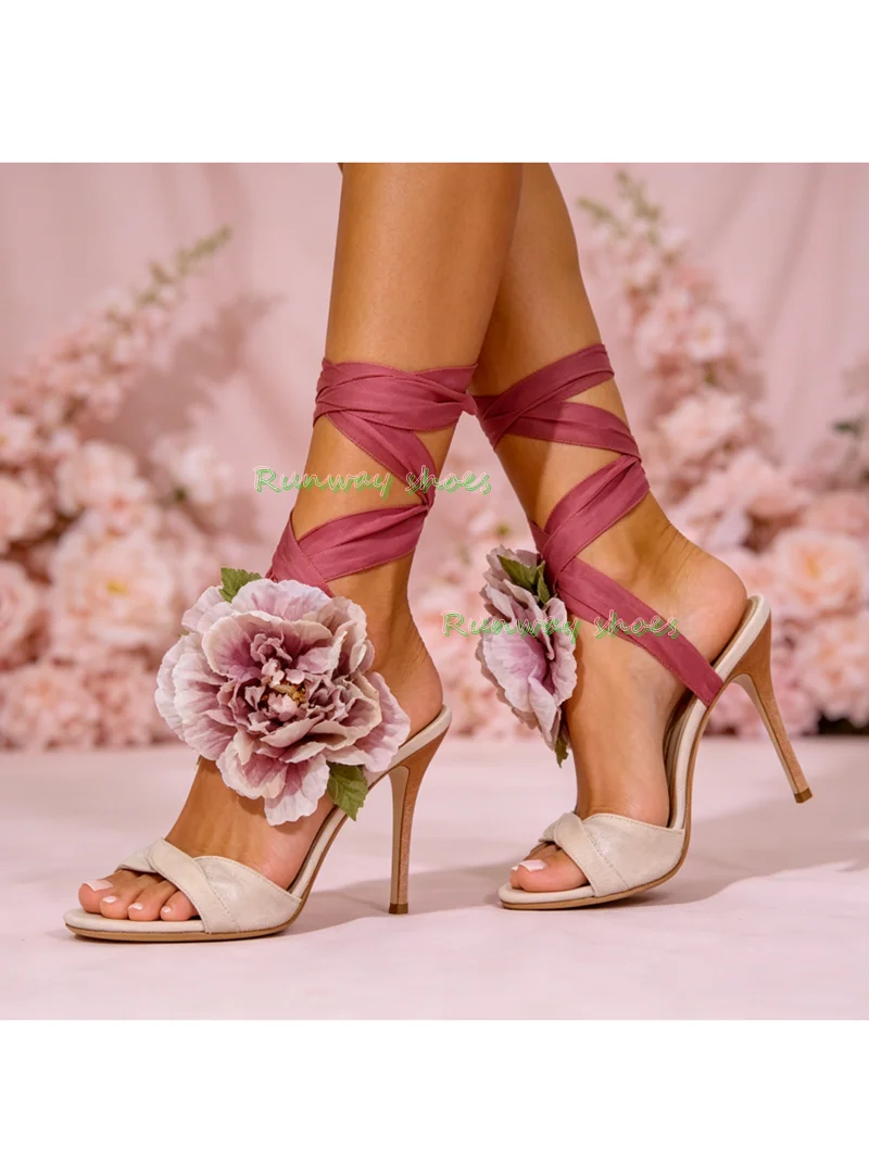 French Retro Peony Flowers Straps Stilettos Women's Sandals Round Head Open Toes Satin Fabric Ankle Wrap Straps Banquet Shoe view 4