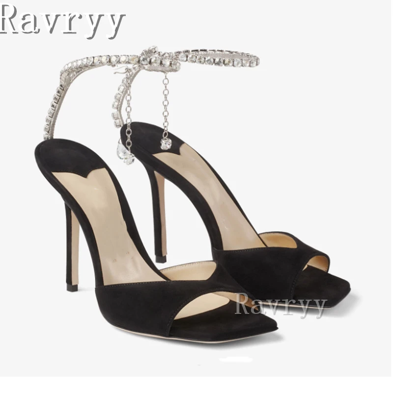 Square Open Toe Satin Sandals with Crystal Chain Women Thin High Heel Ankle Strap Shoes Luxury Party Wedding Bride Shoes