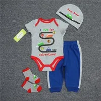 Clearance 4Pcs 6-12M Road Car Cartoon Print Short Sleeve Summer Cotton Baby Boy Bodysuit Pants Hat Socks Set
