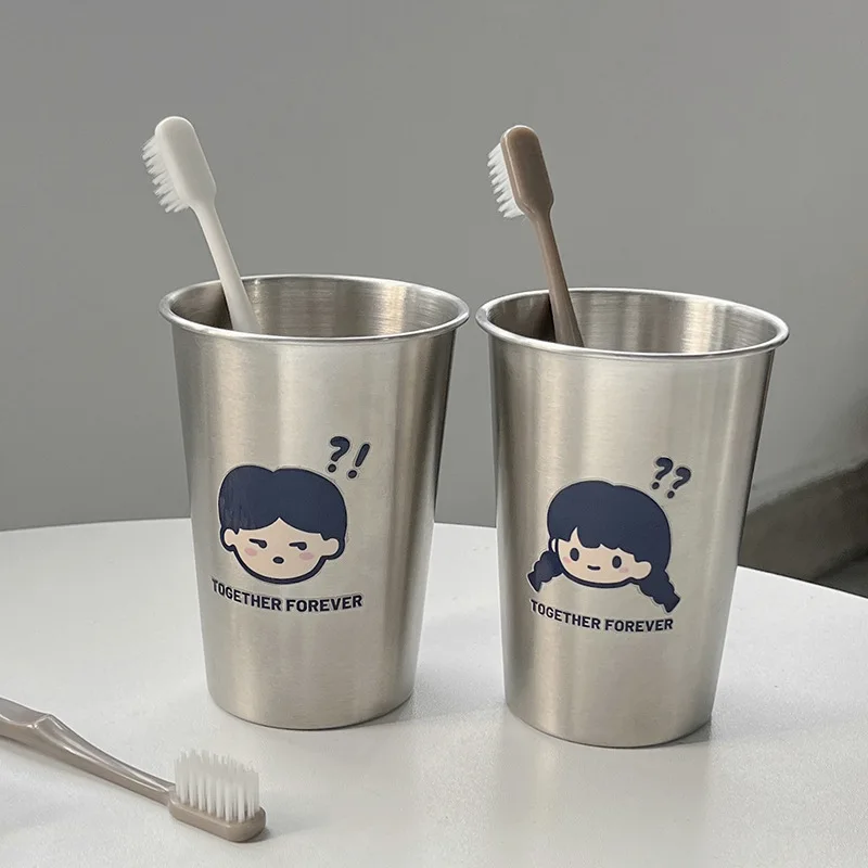1Pc Cute Cartoon Boy Girl Couples Stainless Steel Brushing Cups Thickened Anti-drop Mouthwash Cup Toothbrush Toothpaste Holder