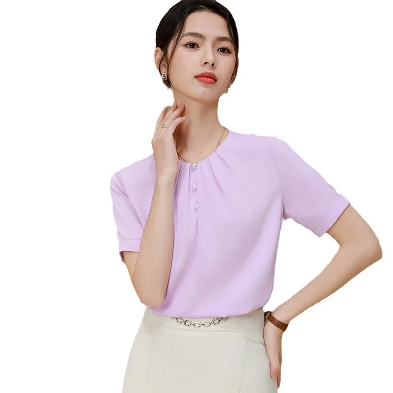 Short Sleeve Shirt2024New Women's Summer Business Clothing round Neck French Top High Sense Satin Shirt Suit