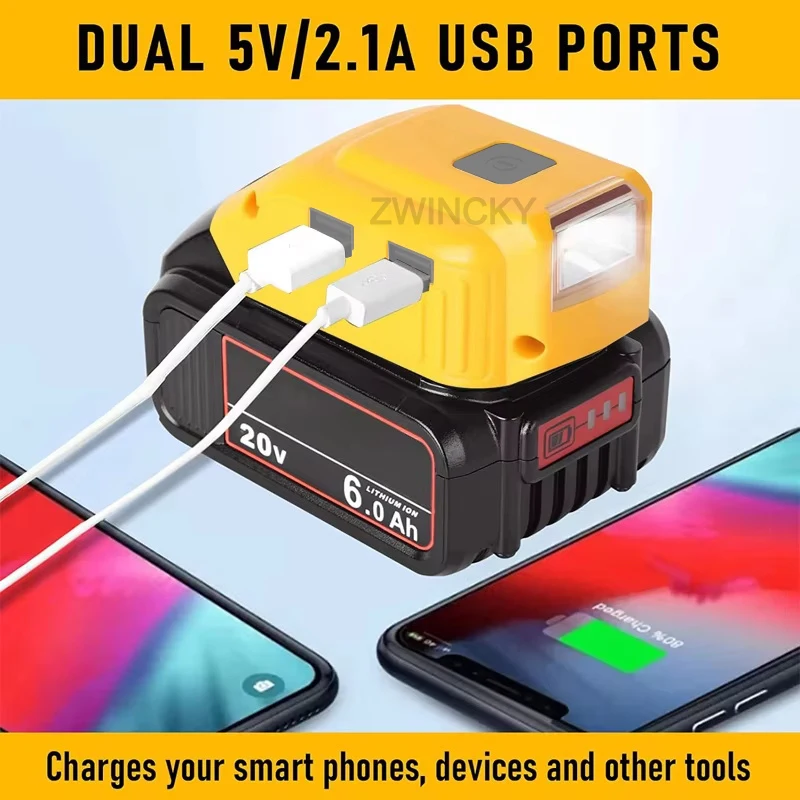 DCB090 Power Source Charger Converter Battery Adapter For Dewal 18V 20V Lithium Battery With USB Type C DC 12V LED Work Light