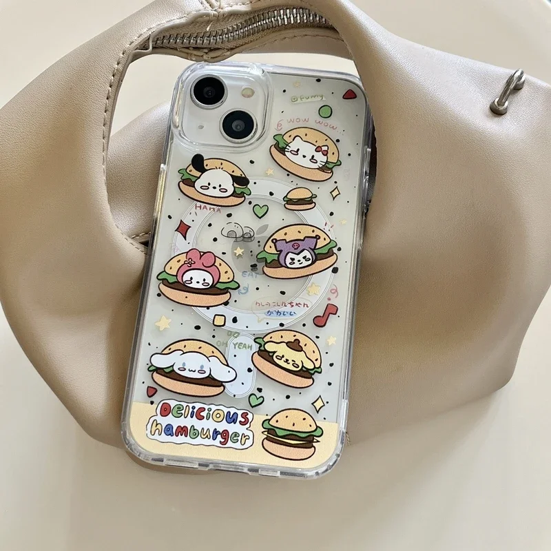 Cute Cartoon Sanrio Hamburg Pochacco Magnetic Bracket Magsafe Wireless Charge Phone Case For iPhone 15 14 13 12 11 Pro Max Cover