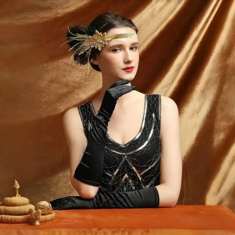 1920s ماكياج الكرة الديكور ريشة عقال غاتسبي حفلة السيدات خوذة فستان عتيق حتى الزعنفة ريشة عقال