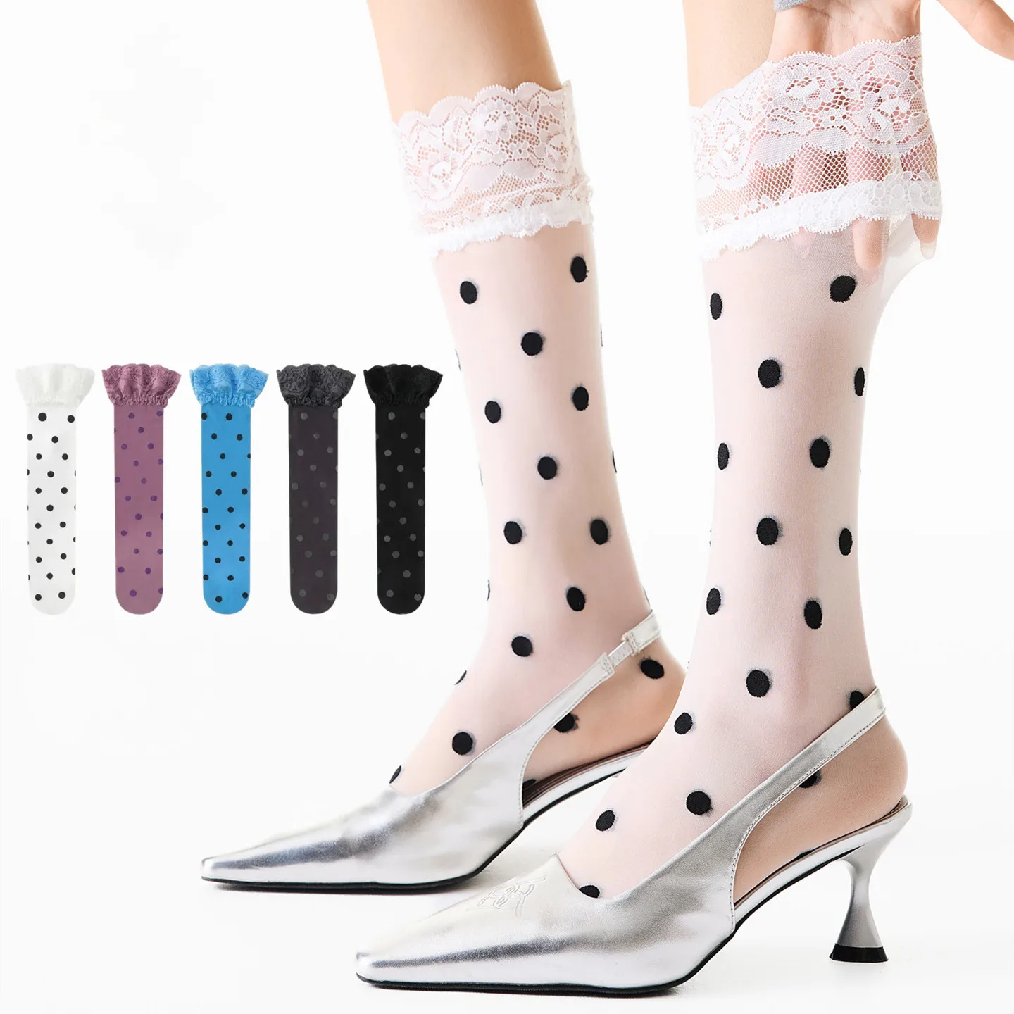 Polka Dot Lace Calf Socks Women Stockings Summer Ultra-thin Transparent Glass Silk Stockings Japanese Retro Knee Socks Stockings