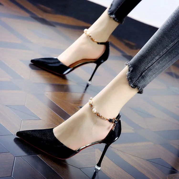 Women's Pumps Pointed Toe Stiletto High Heel Suede-Look Finish Chain Ankle Strap Evening Party Dress Formal Footwear