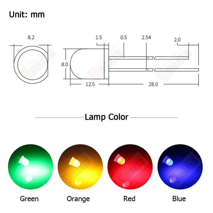 500PCS 8mm Color LEN LED round lamps diodes chip 3.2-3.4v 20mA light beads F8 led Emitting diodes WW/W/R/G/B/Y Lighting DIY lamp