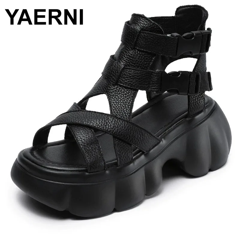 

Женские летние сандалии из воловьей кожи с верхним слоем на толстой подошве, римские сандалии на высоком каблуке с перекрестными ремешками