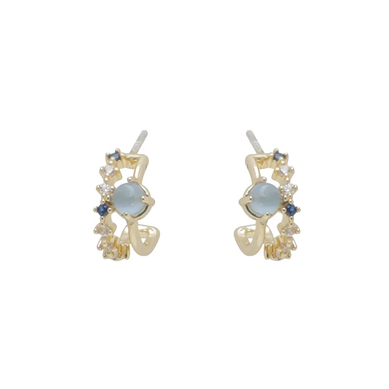 

925 Silver Needle Fog Blue Cat's Eye Versatile Earrings Small Light Luxury Earrings Retro Ear Clips Temperament
