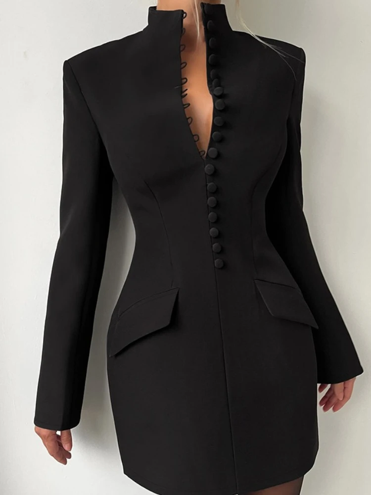 Spring New Elegant Fashion Office Style Dress Woman Button Pocket Decoration Stand Collar Simple Full Sleeve Casual Mini Bodycon