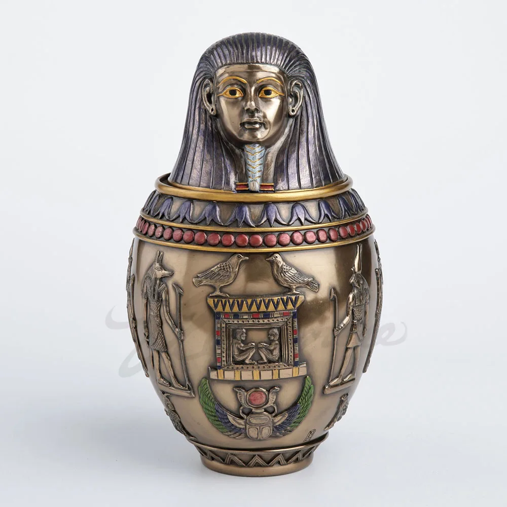 Ancient Egyptian Canopic Jar Resin Statue Pharaoh Urn Sculpture with Hieroglyphic Relief Retro Home Desktop Decorative Ornament