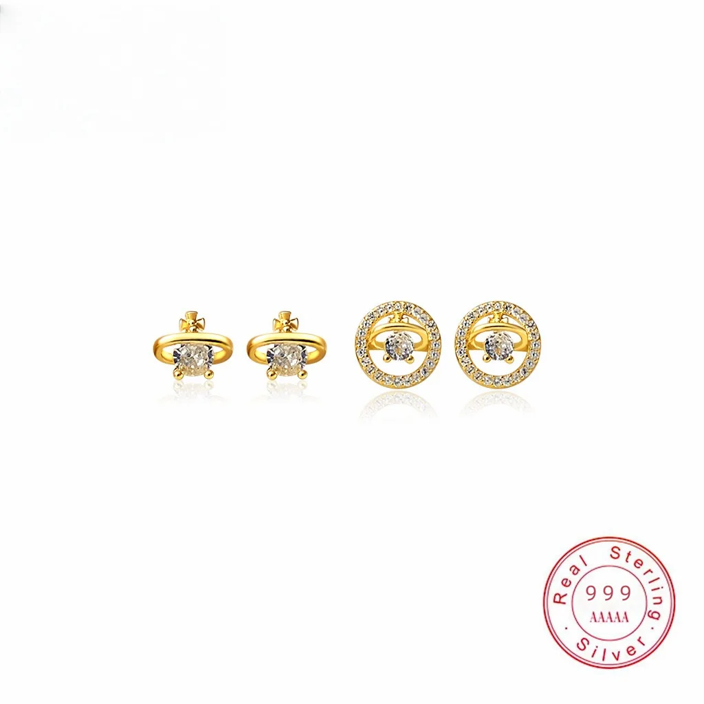 

999 Sterling Silver CZ Stud Earrings Hypoallergenic Classic Round Planet Earrings Set Fine Jewellry