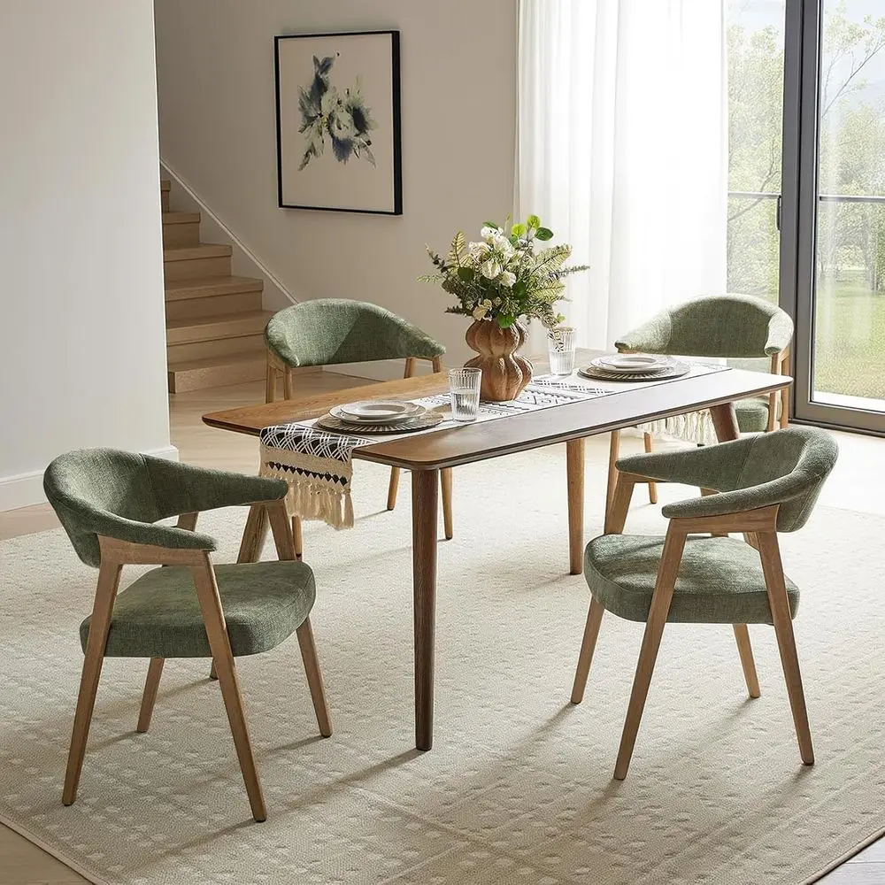 

4-Piece Green Upholstered Dining Chairs Set with Armrests, Curved Backrests, and Wooden Legs for Kitchen or Living Room - Moss