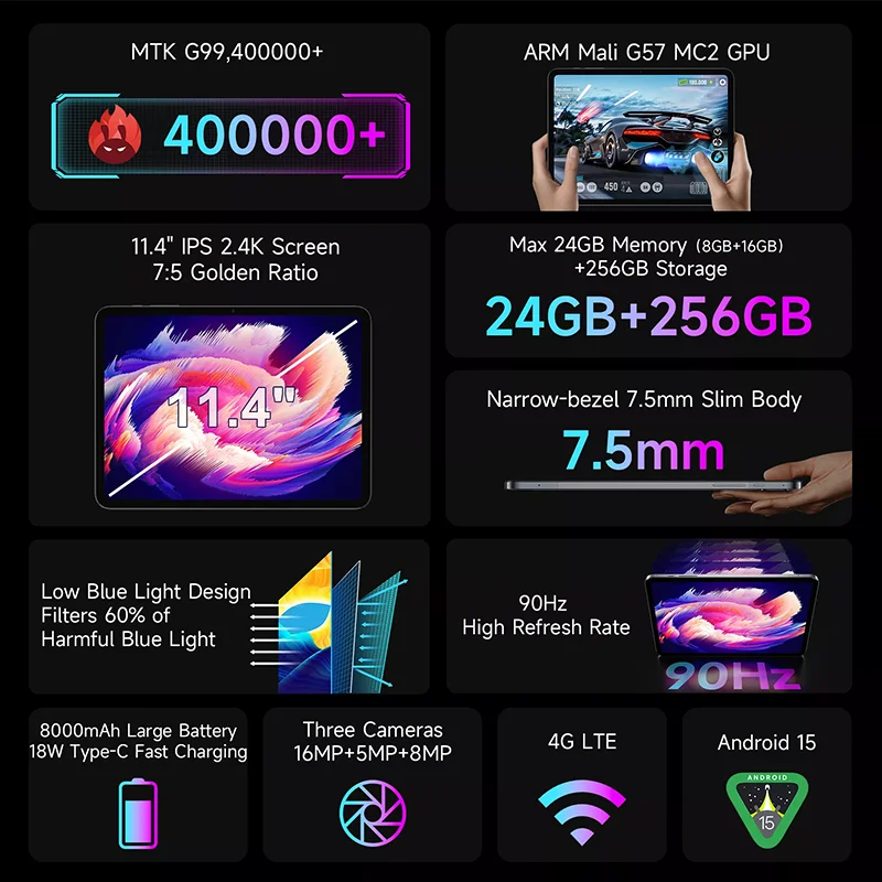 BMAX I12 Power Android 15 Планшет 11,4 дюйма 90 Гц 2,4K IPS MediaTek Helio G99 ARM Mali-G57 MC2 8 ГБ + 16 ГБ Расширение 256 ГБ 4G LTE