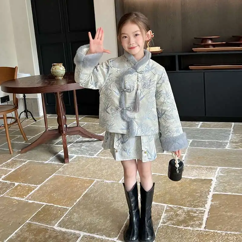 

2026 Creative Girls' Clothing Set Girls' Chinese Style Autumn/Winter Trendy Top and Skirt 2-piece Set Children's Clothing LI657