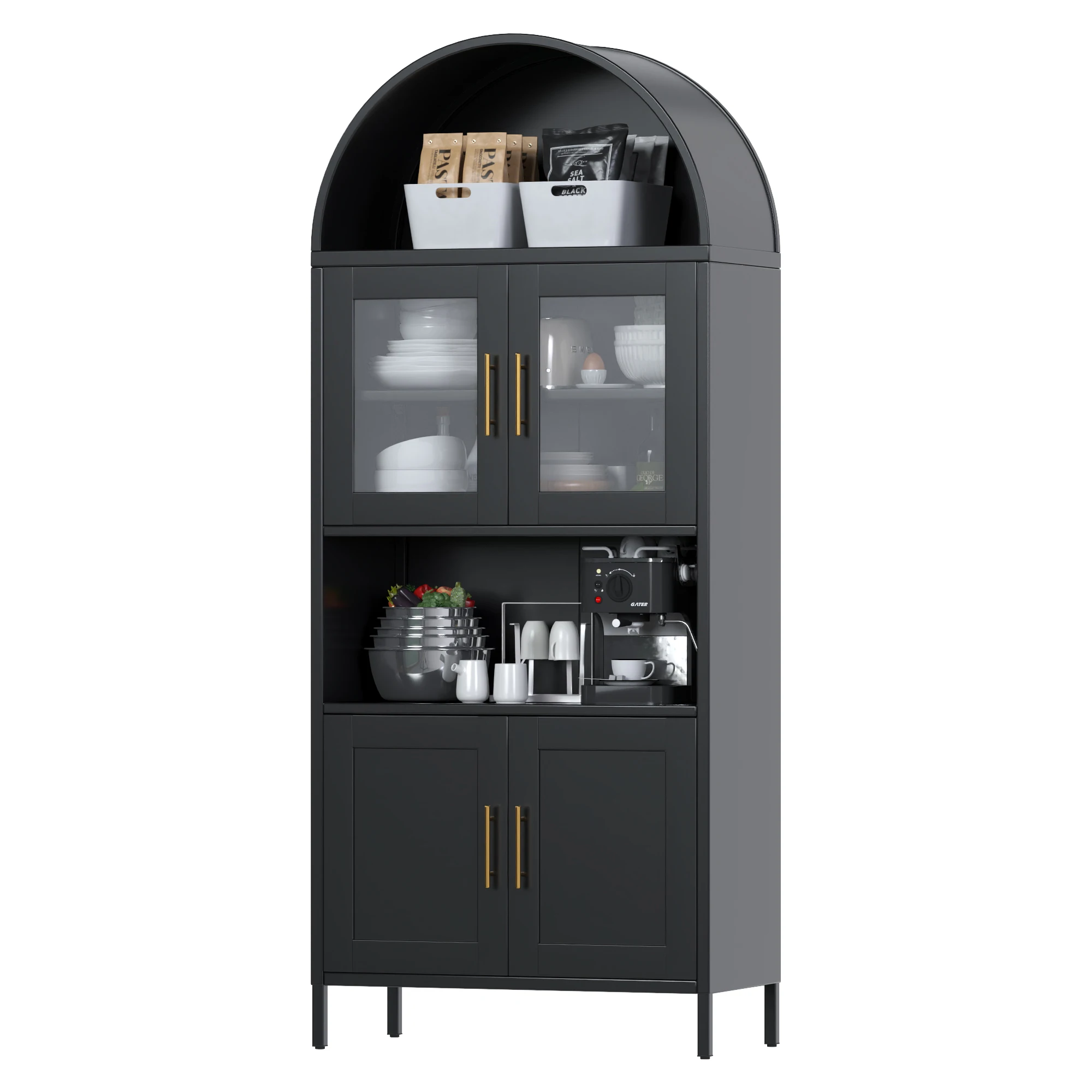 خزانة مطبخ مقوسة معدنية مقاس 72.83 بوصة ارتفاع، خزانة كتب مقوسة مع 4 أبواب للمكتب المنزلي، تتطلب التجميع، أسود