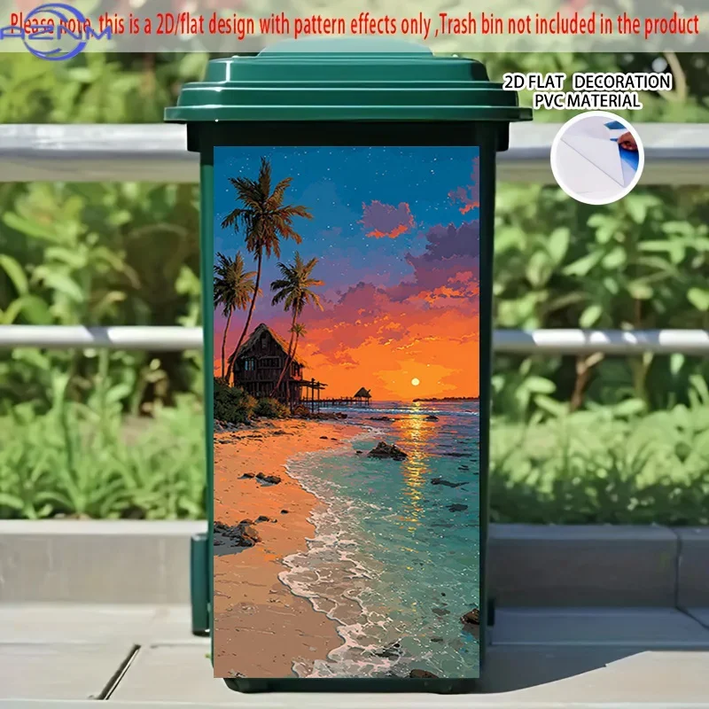 2D Flat Printing 1pc 2D Pattern Printed Kitchen Trash Can Sticker  Coconut Grove Sunset Glow Themed Kitchen Home Decor Wallpap