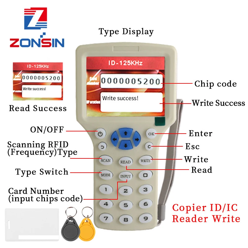 Lecteur RFID 10 morts anglais, copieur ampa er, duplicateur IC/ID avec câble USB pour cartes 125 tiens z 13.56Mhz, écran LCD