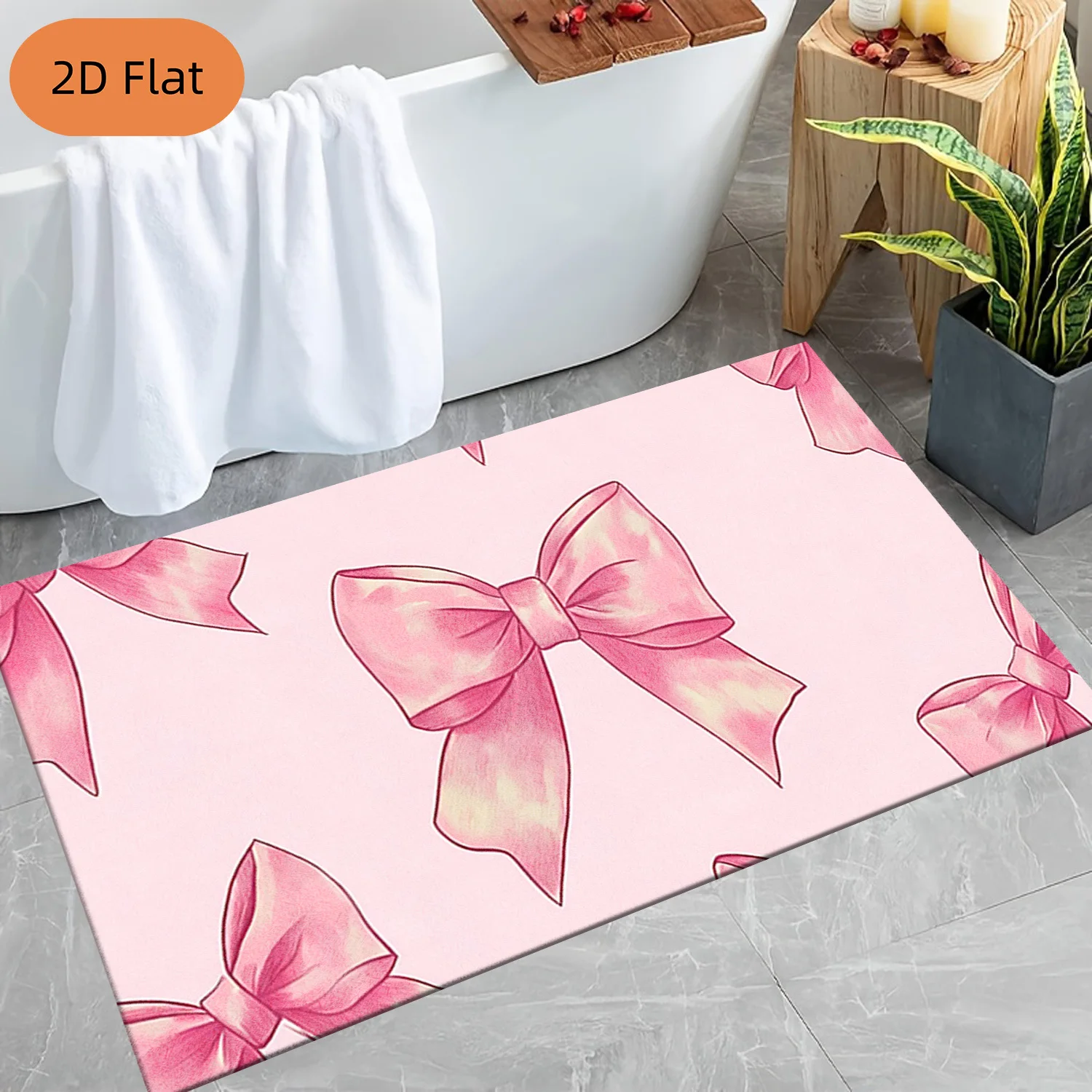 Soft and Comfortable Bath Mat with Pink Bow Pattern, Suitable for Indoor and Outdoor Entryways and Bathroom Bathtubs Year-Round