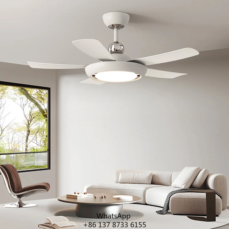 Modern White Metal Ceiling Fan LED Light Remote Control 5-Blade Design DC Motor Silent Operation Electric For Home Hotel Use