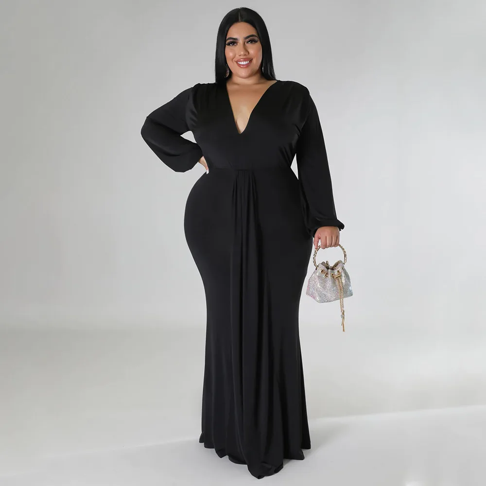 

Plus Size Elegant Long Party Dress V Neck Long Sleeve Pleated Full Length Oversized Vestidos Evening Party Women Clothings 2023