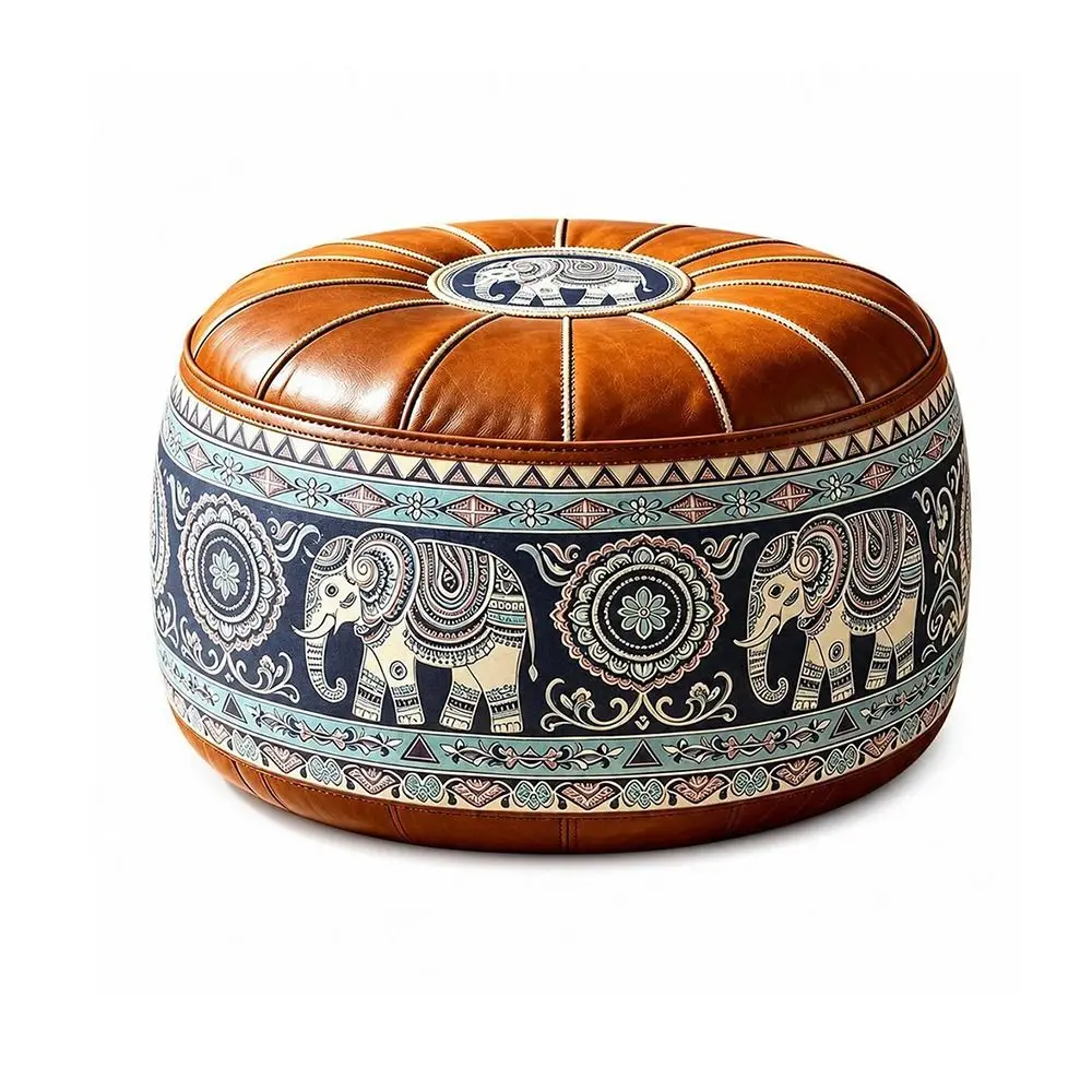 PU Leather Fillable Ottoman Pouf Round Shape Embroidered Pattern Storage Ottoman Moroccan Style Floor Seat Cushion Living Room