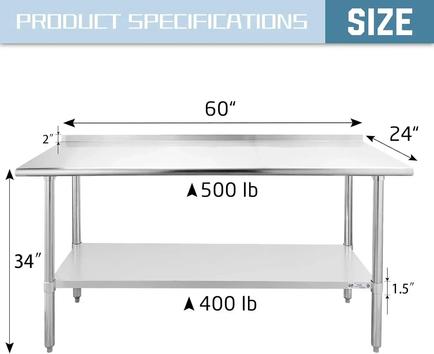 Hally Sinks & Tables H Stainless Steel Table for Prep & Work 24 x 60 Inches, NSF Commercial Heavy Duty Table with Undershelf