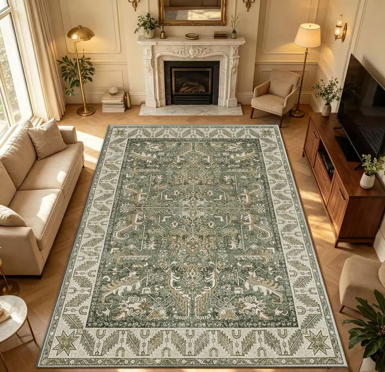 Square Green Boho Tribal Vintage Square Area Rug Non-Slip Washable Square Carpet For Living Room Bedroom Home Decor