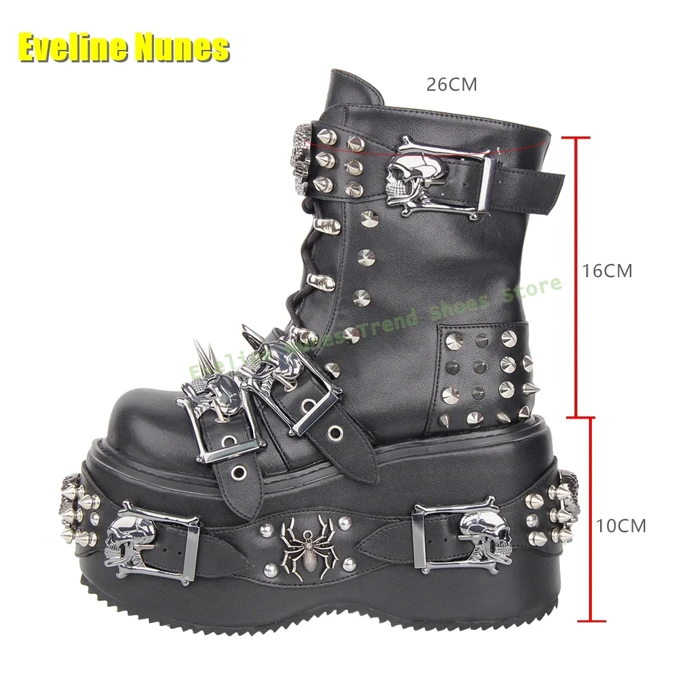 

Metal Spike Skeleton Decoration Motorcycle Boots 2025 Trend Black Punk Rivet Platform Boots Round Toe Tank Sole Belt Buckle Dark