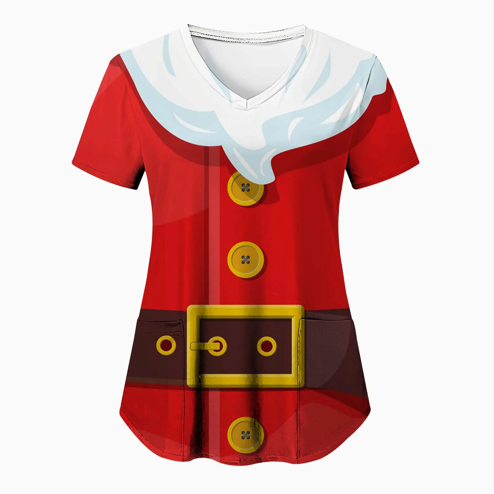 

Christmas Scrubs Medical Uniforms Workwear Women Casual V Neck Short Sleeve Tops Blouse Santa Printed Working Nursing Uniform