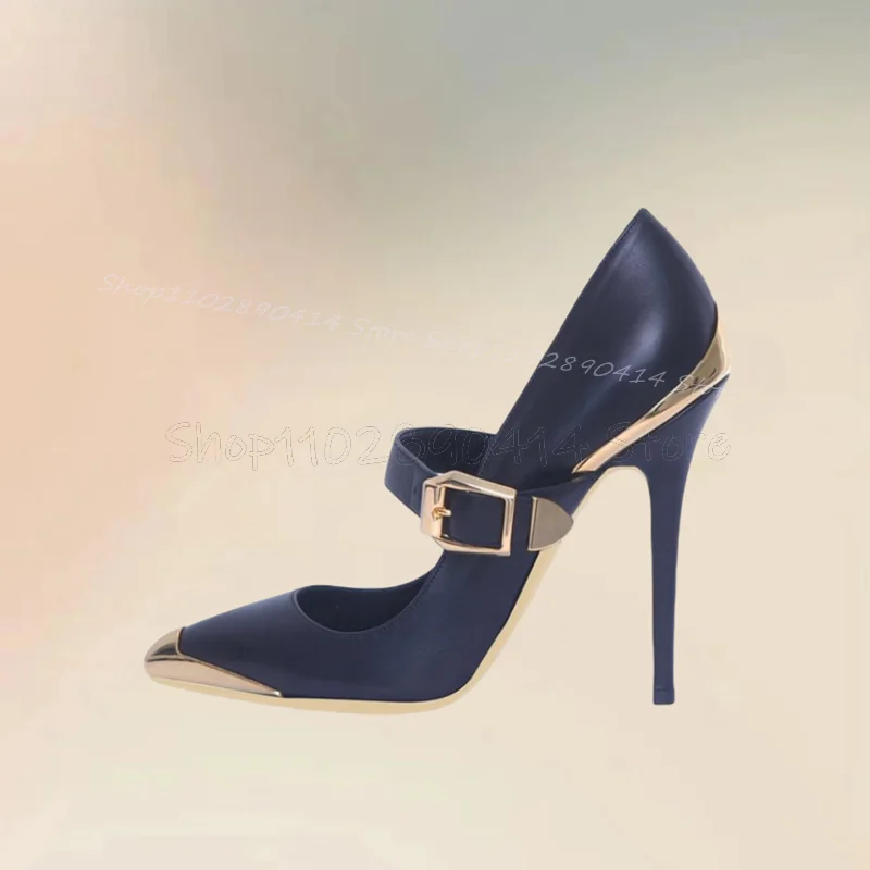 Metal Buckle Pointed Toe Blue Matte Leather Pumps Buckle Strap Women Shoes Thin High Heel Fashion Party 2024 Zapatos Para Mujere