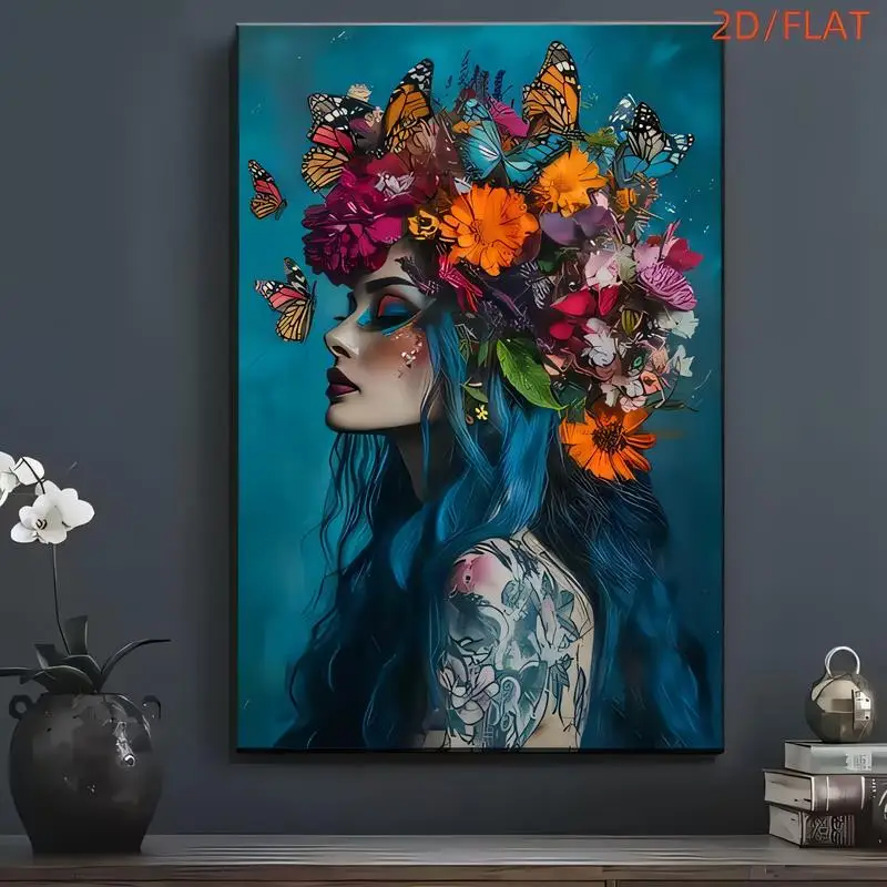 Vibrant & Flower Crown Blue - Haired Girl Iron Wall Art, Colorful Boho Fantasy Design, Iron Material, Perfect for Home, Living R