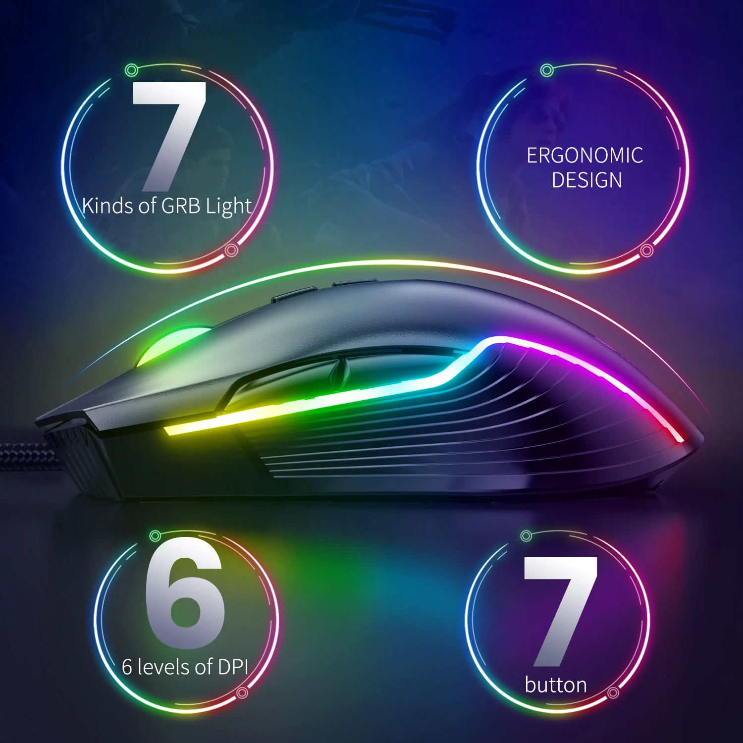 ONIKUMA CW905 Mouse Adjustabl 6400 DPI Gaming Mouse 7 Programmable Buttons 7 RGB Lighting Modes Ergonomic Mice for PC Gamer