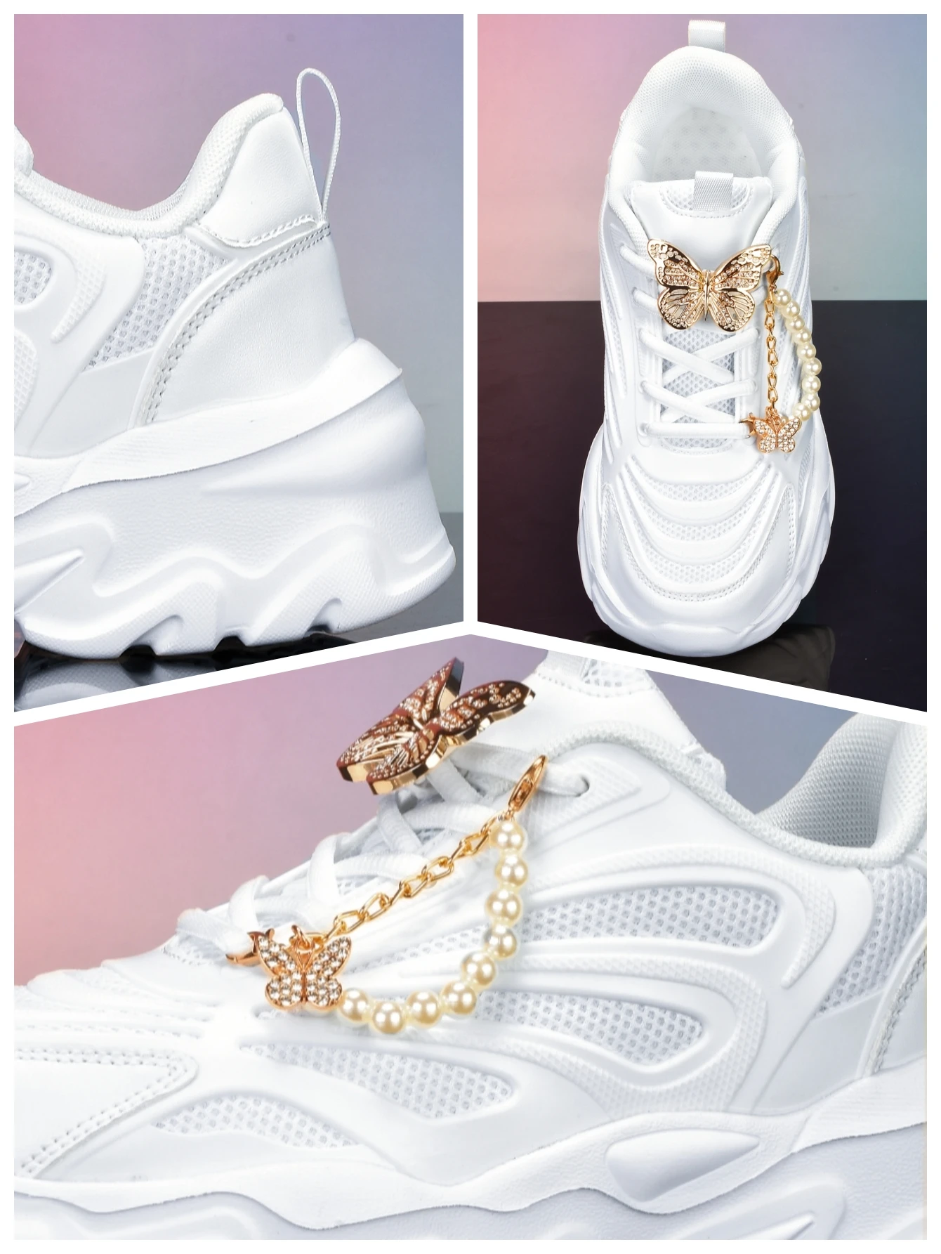 Women's Thick-Soled 5cm Height-Increasing Dad Shoes, Y2K Sweet-Cool Style, with Detachable Gold Butterfly Pearl Chain Decoration, Mesh Breathable Eva Irregular Sole, White Casual Sneakers, Trendy for Everyday Wear, Unique Design, Sweet Girl Style, Versatile for Students, Soft-Soled Comfortable Women's Shoes - view 5