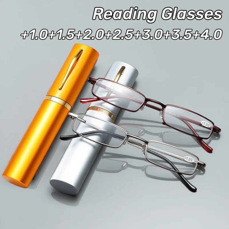 

New Computer Glasses Mini Folding Reading Glasses Women Men +1.0 To 4.0 Portable Container Presbyopia Pen Glasses with Box