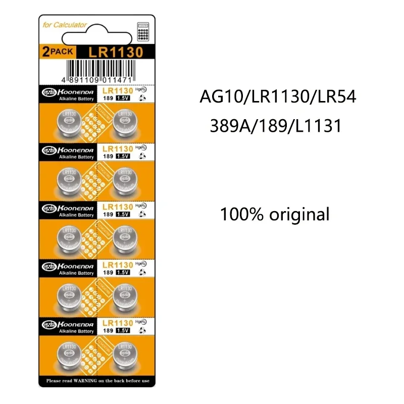 10pcs 1.55V AG10 LR1130 389A 198 LR54 Button Batteries 189 L1131 Cell Coin Alkaline Battery SR54 389  Alkaline batteria