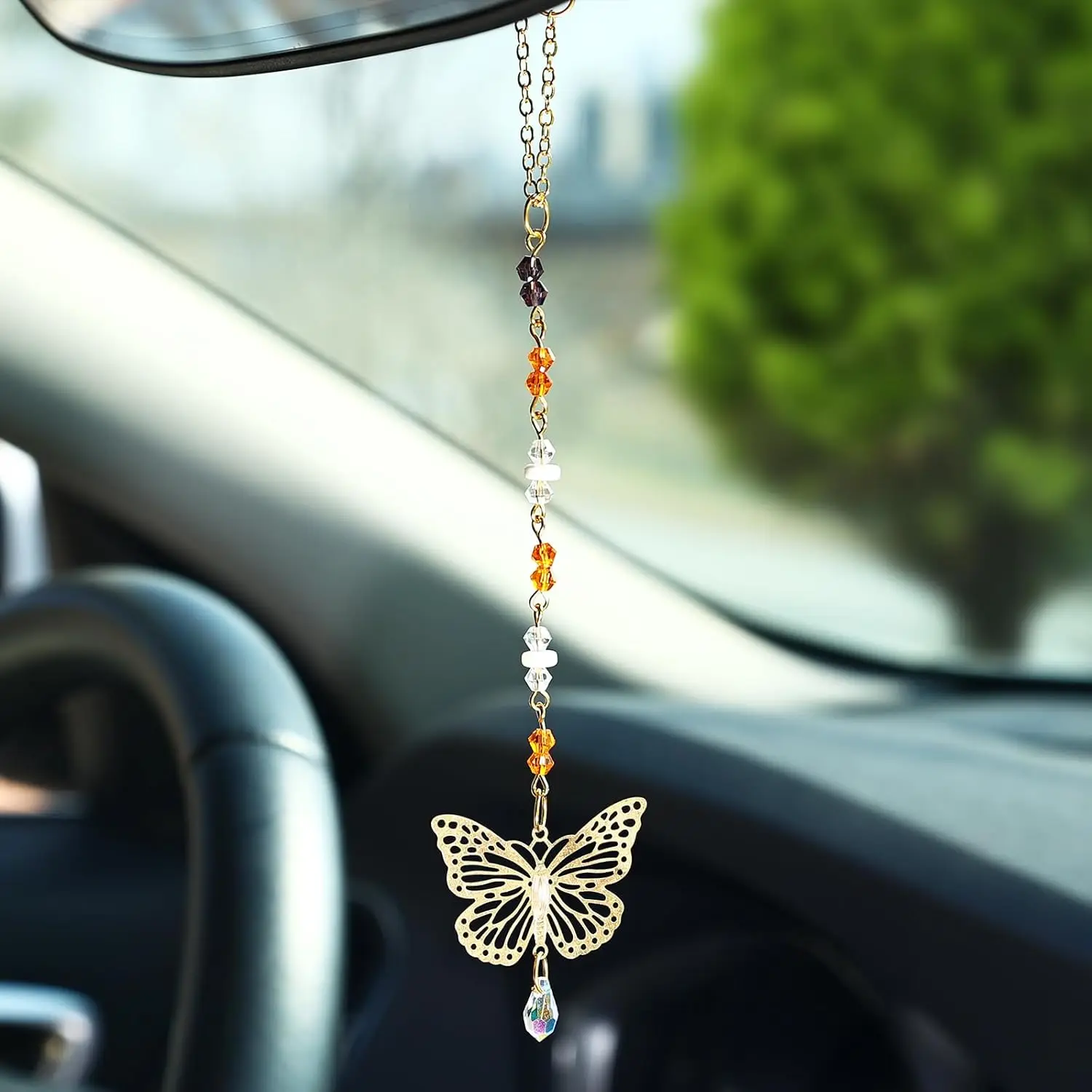 1PC Crystal Car Rear View Mirror Accessories Car Hanging Ornament Butterfly Rearview Decor Charm Handmade