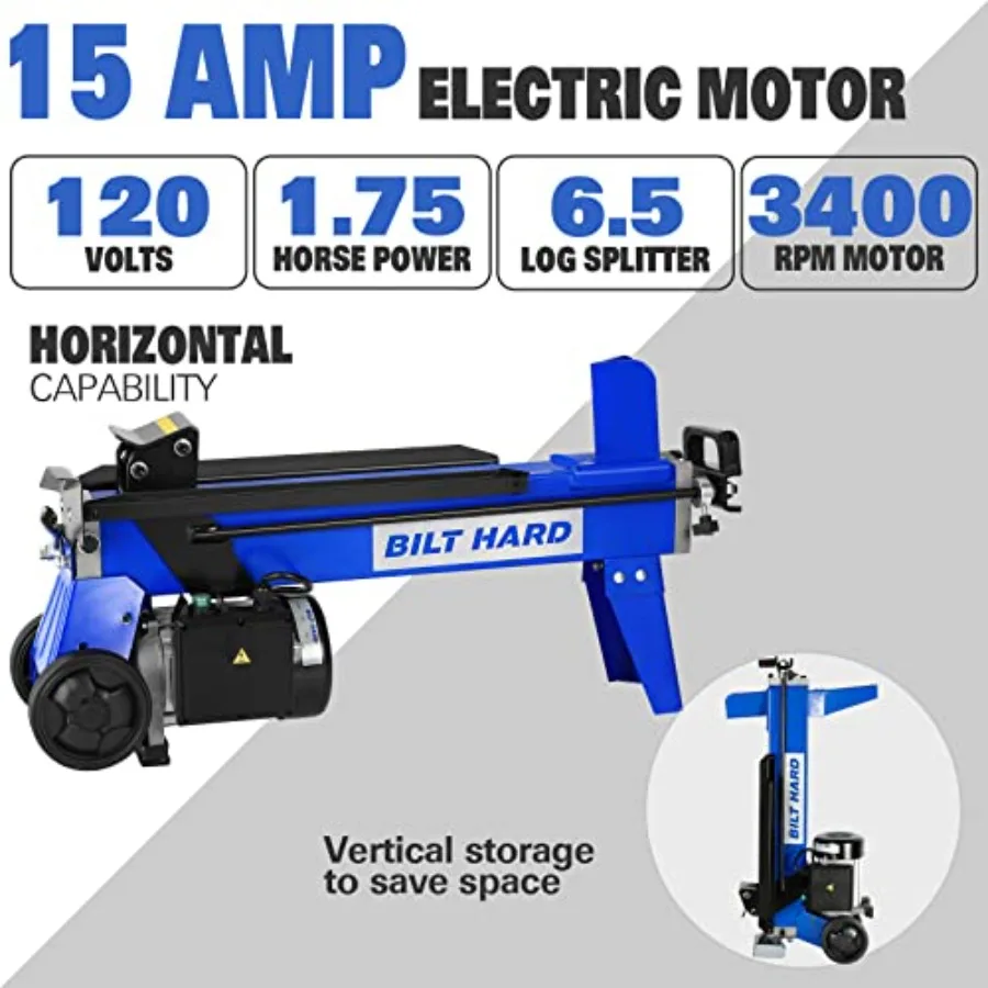 BILT HARD 6.5 Ton Electric Log Splitter with Stand - 15 Amp Motor Wood Splitter with Hydraulic Ram, Electric Firewood Splitting