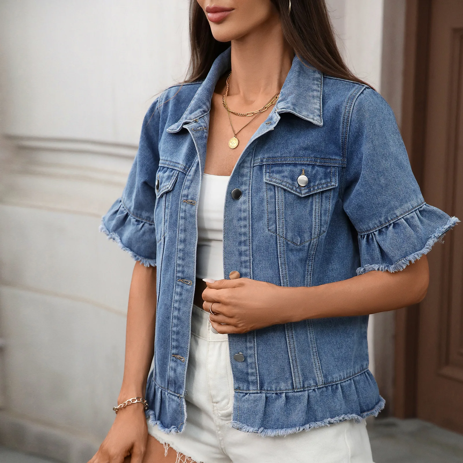 Ruffle Short Sleeve Fringe Hem Women's Washed Denim Jacket 2025 New Streetwear Casual Vintage Jean Coat Oversize