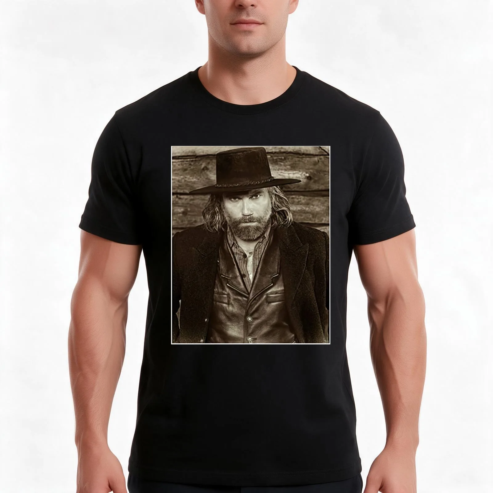 Anson Mount as Cullen Bohannon in Hell on Wheels Against Wood Wall T-Shirt, Summer Casual Cotton Tee, Oversized Streetwear Tops