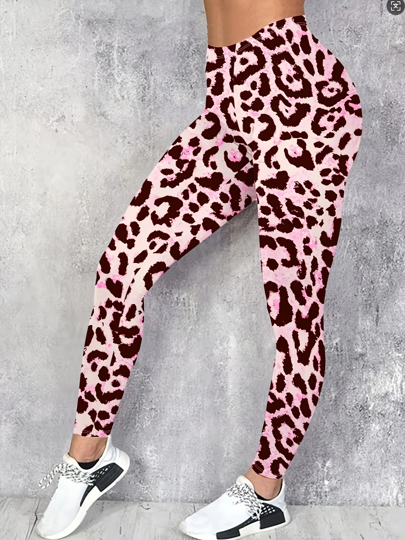 Women Mid‑Waist Fleece Lined Leggings, Pink Toned Leopard Print, Slim Warm Street Casual Daily Pants