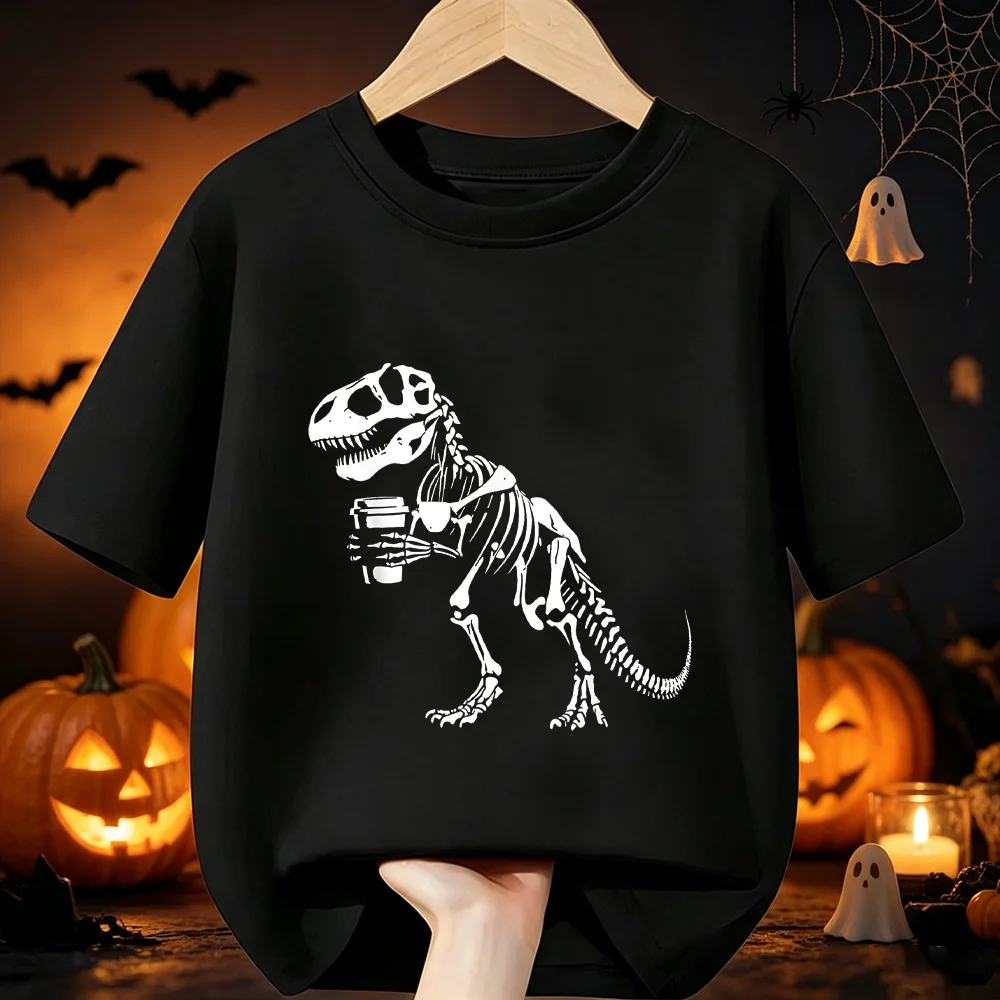 Halloween Skeleton Dinosaur Coffee Print Kids T‑Shirt Cotton Boys Girls Short Sleeve O‑Neck Casual Graphic Children Party Tees